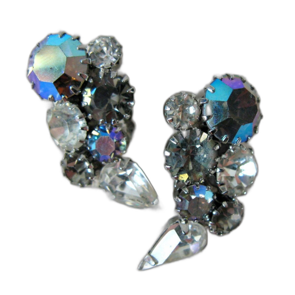 Vintage 1950s Sparkly Blue Smoky Quarts AB Rhinestone Earrings by KARU Arke Inc